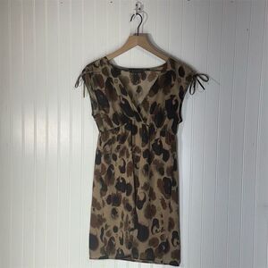 GLAM USA Brown Leopard Print Mini Dress Small Y2K Indie Grunge Sheer Cap Sleeve
